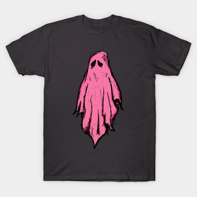 Pink Strawberry Ghost Spooky Cute Halloween Drawing T-Shirt by Awful Waffle Press